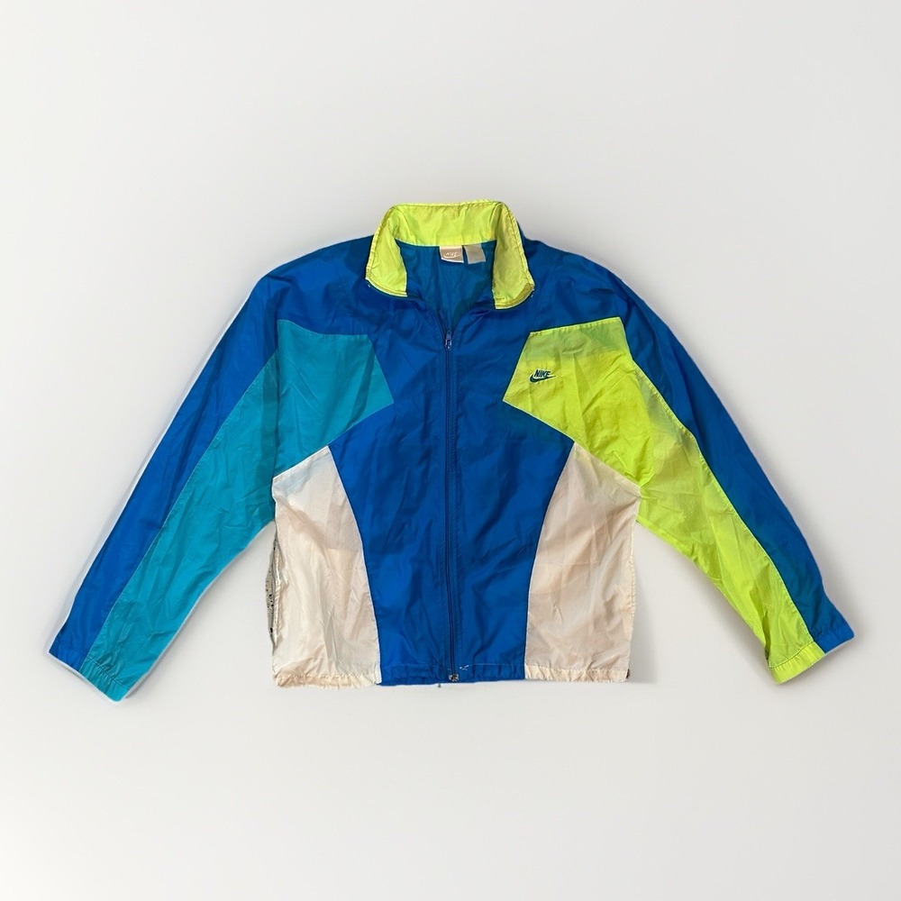 Vintage Nike Colorblock Windbreaker Jacket Blue Green White Zip Hood 1990s M
